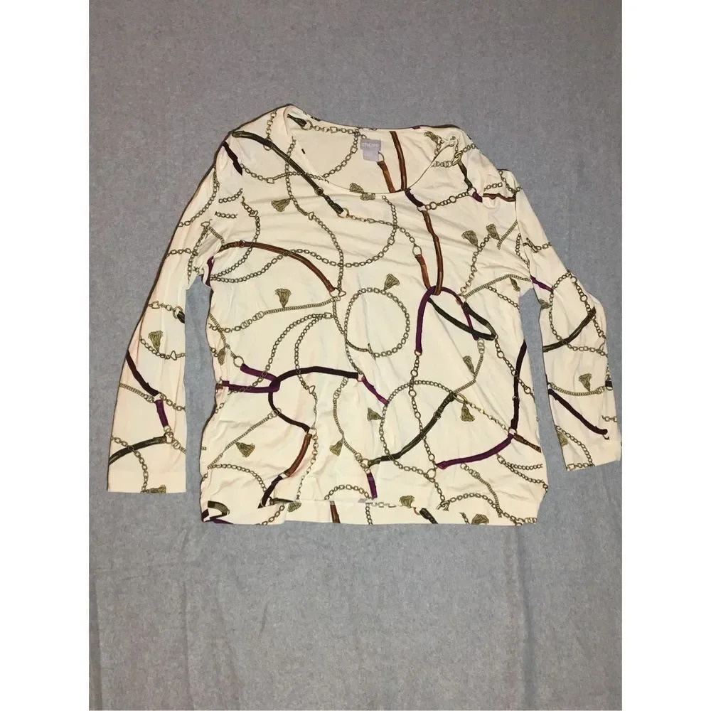 Womens Chicos Shirt Size XL Belt Chain Novelty Print Luxury Look Casual